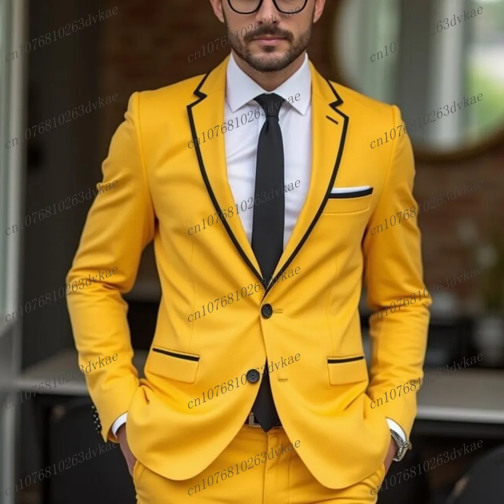 

New Yellow And Black Men Suit Groom Groomsman Wedding Party Prom Business Formal Male Tuxedos 2 Piece Set Blazer Pants