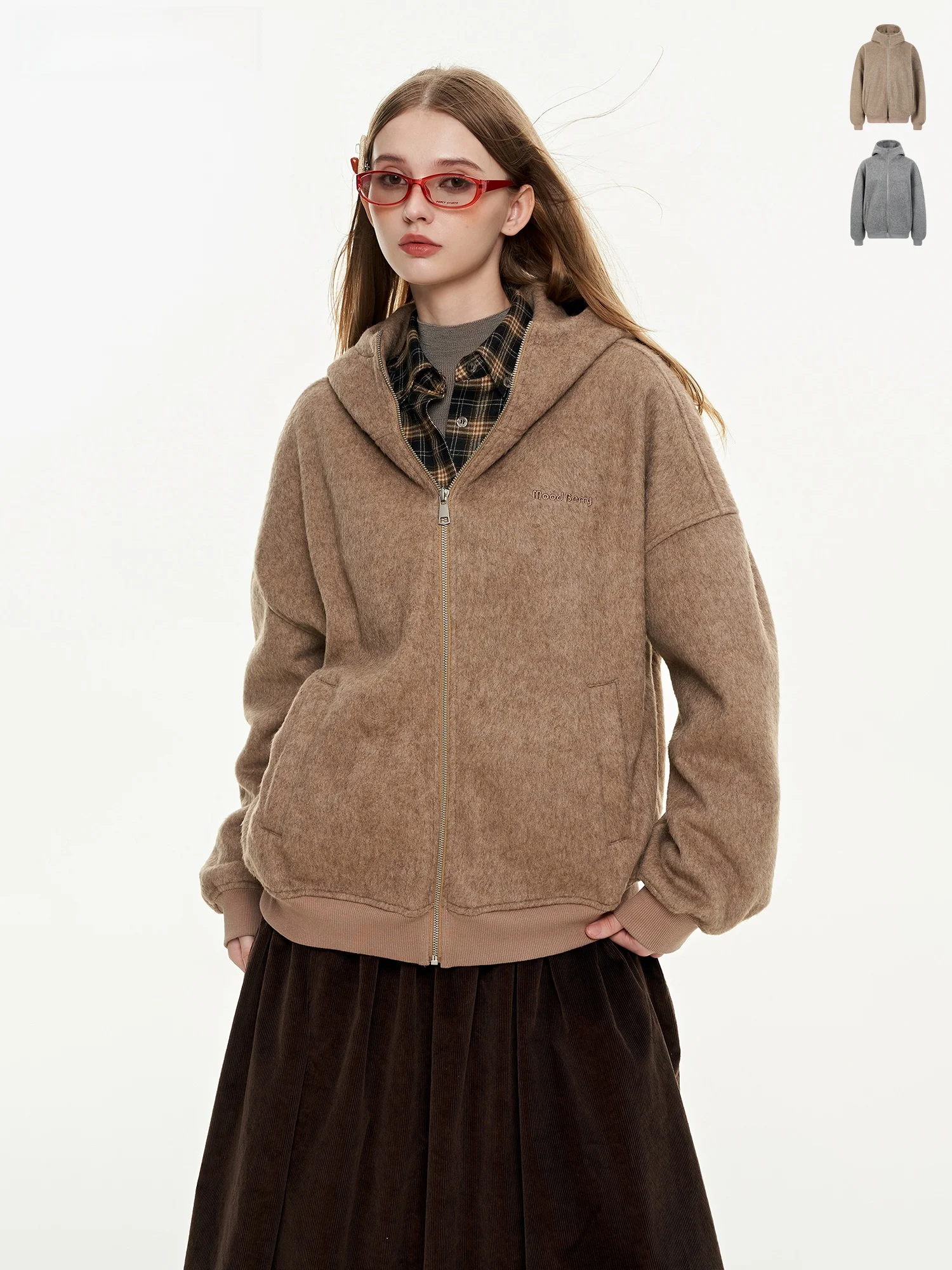 

MoodBerry American Retro Woolen Hooded Cardigan Women's Loose Versatile Outerwear Autumn Winter Street Sle Long Sve Coat