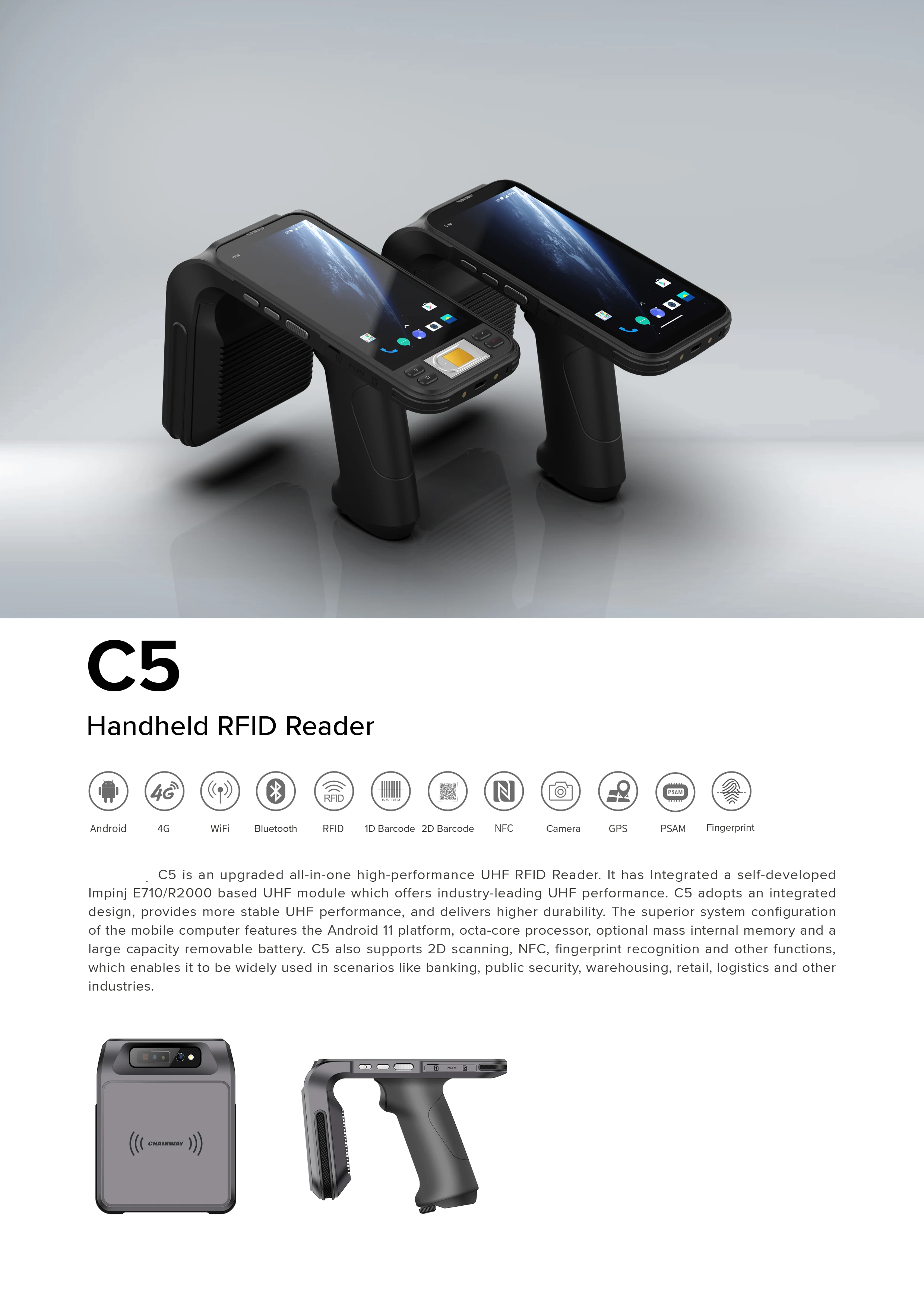 6 Inches Rugged PDA 1D 2D Impinj E710 UHF RFID Handheld IP65 Reader&Writer Fingerprint Reader NFC Barcode Scanner All In One