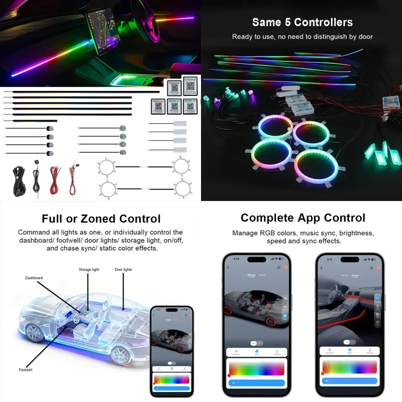 

【CHIMU HOME】 Factory Custom Ambient Lighting Easy Install Symphony Universal Car Interior RGBIC LED Ambient Strip Light Kit