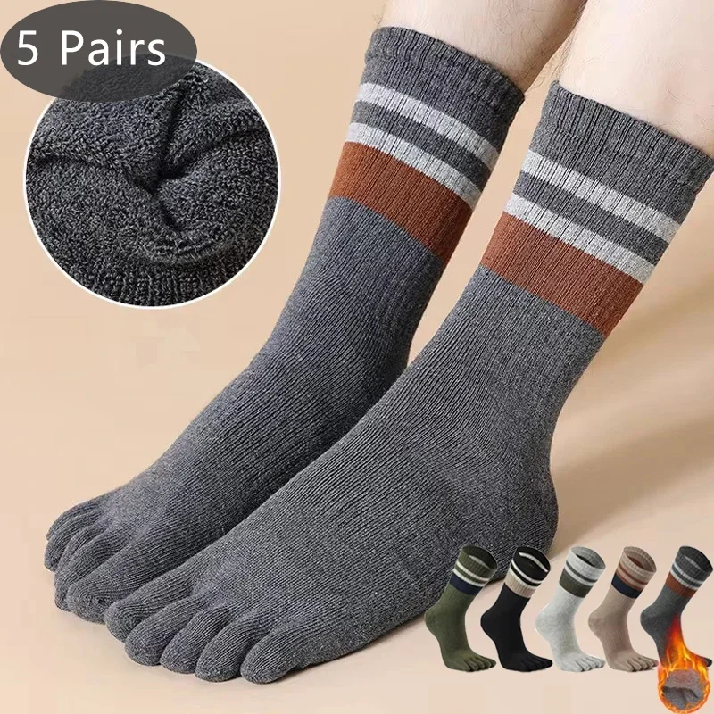 5 pares de calcetines de punta de rizo para hombre, calcetines largos de algodón a rayas, gruesos, suaves, elásticos, absorbentes del sudor, para mantener el calor, vestido de fiesta, calcetines felices de 5 dedos