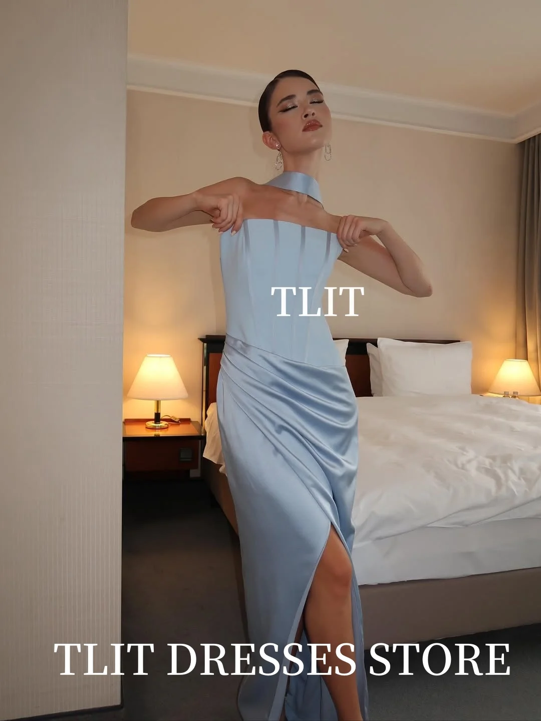 فساتين سهرة بسيطة من الساتان والحرير الأزرق للأطفال من TLIT مخصصة بفتحة جانبية عالية بدون حمالات فساتين حفلات