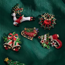 Christmas Collection Rhinestone Studded Brooch Pins Red Christmas Deer Clothing Accessories Metal Enamel Badge Gifts For Kids
