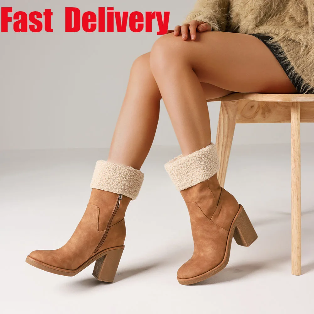 Winter Boots for Women Comfortable Side Zipper Mid Chunky Heel Suede Warm Fur Snow Ankle Boot Outdoor Party Shoes