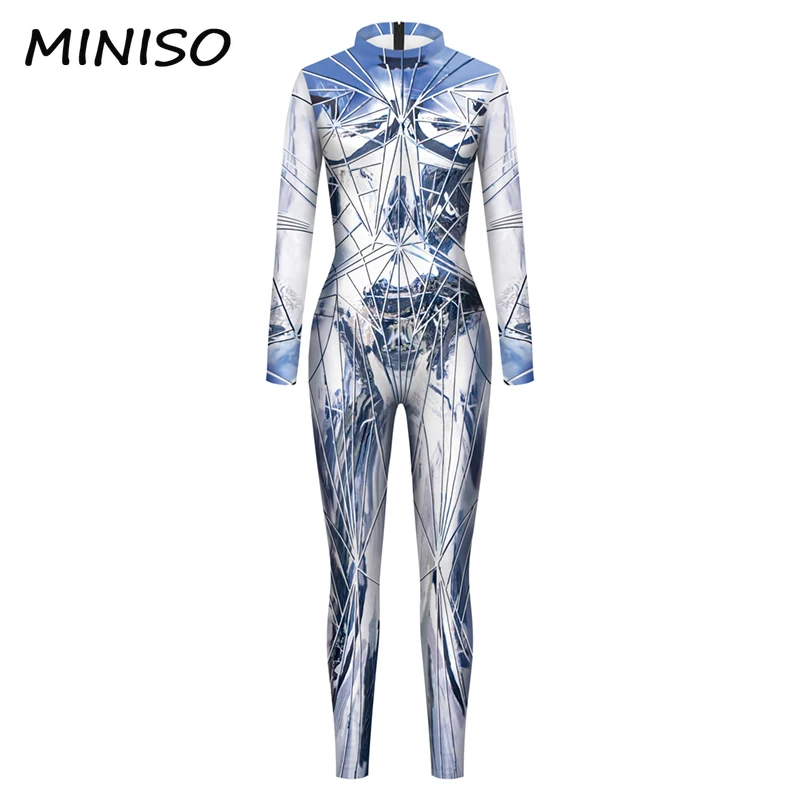 MINISO Cool Punk Bodysuit Reflect Armour Steampunk Print Zentai Suits Halloween Party Cosplay Costume Jumpsuit Women Clothing