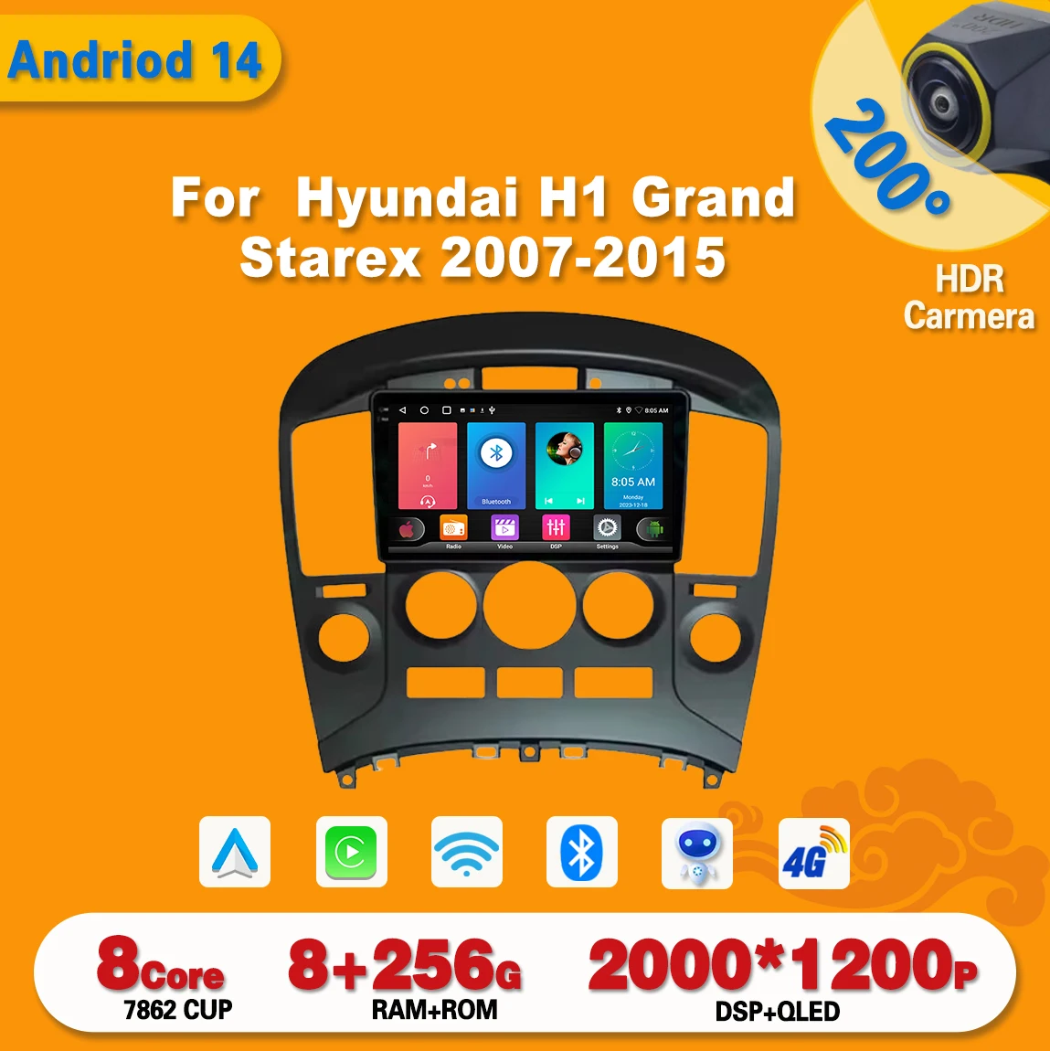 รถวิทยุ CarPlay Android สําหรับ Hyundai H1 Grand Starex 2007-2015 เครื่องเล่นวิดีโอมัลติมีเดียหน้าจอสัมผัสนําทาง GPS สเตอริโออัตโนมัติ