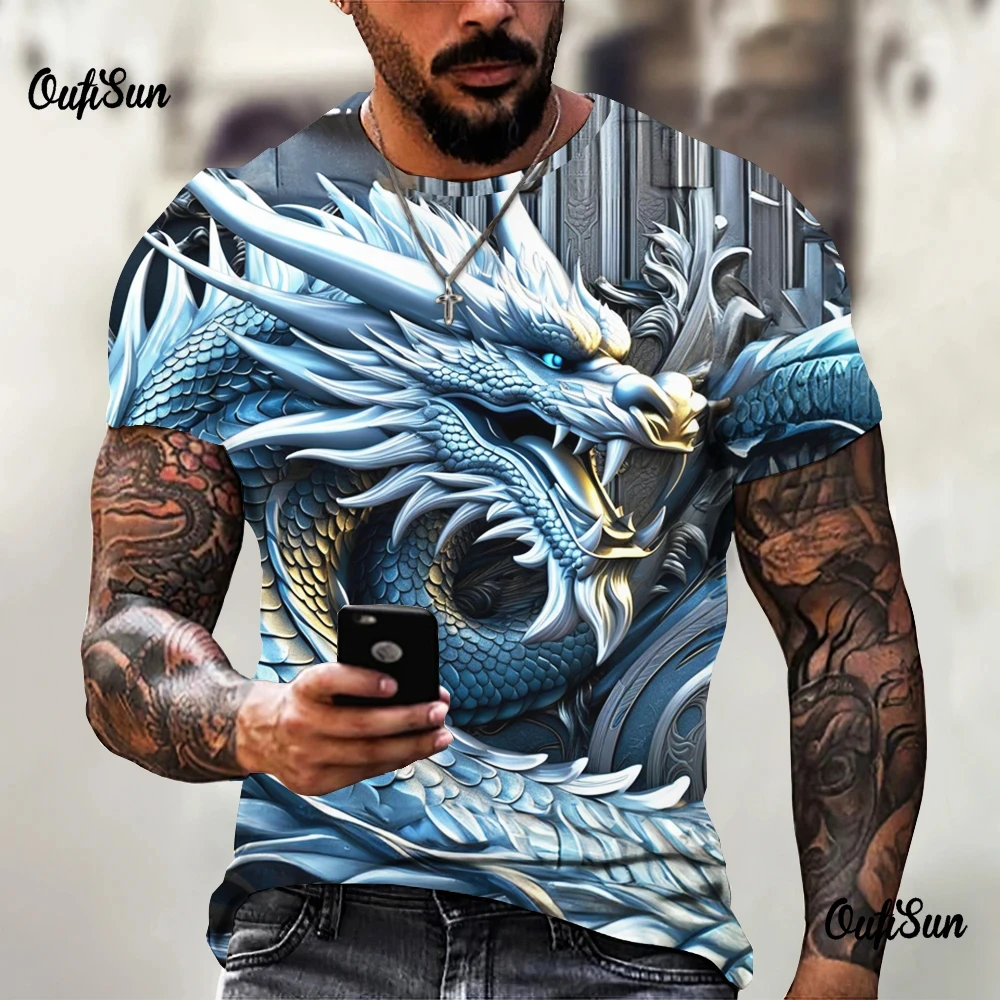 Men\'s T-Shirt Fashion 3d Dragon Print T Shirt Vintage New Year Short-Sleeved Oversized Streetwear Tees Summer Casual Men\'s Tops