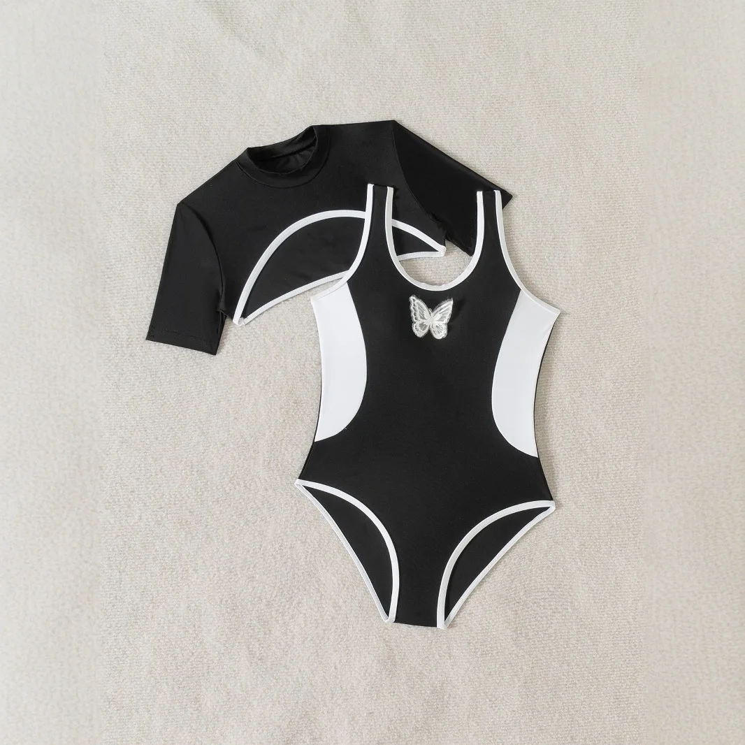 

Girls Black One Piece Swimsuit with Short Sleeve Cover Up Top 7-12 Years Children's Swimwear 2025 Teens Bathing Suits for Kids