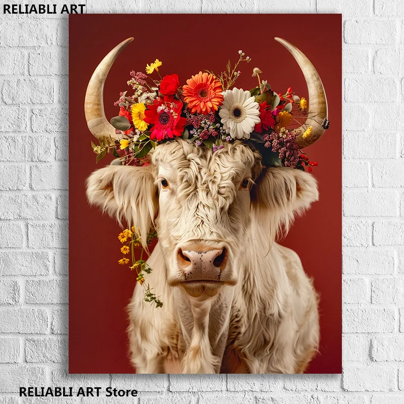 

Cow With Flowers On Head Poster，Prints Art Wall Home Decor Pictures，Modern Canvas Painting，Living Room Decor Unframed