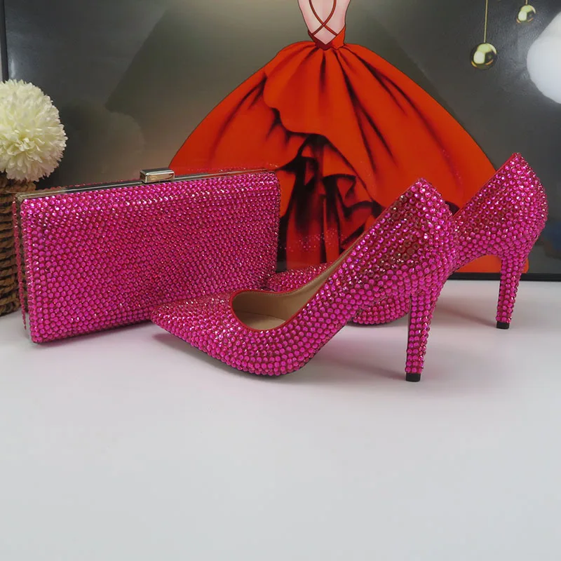 BaoYaFang Fuschia Party Shoe and bag crystal Bridal Wedding shoes and purse for Women Fashion High Pumps Pointed Toe shoe Women