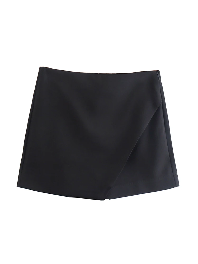 Women Fashion Asymmetrical Shorts Skirts High Waist Back Pockets Side Zipper Vintage Female  Solid