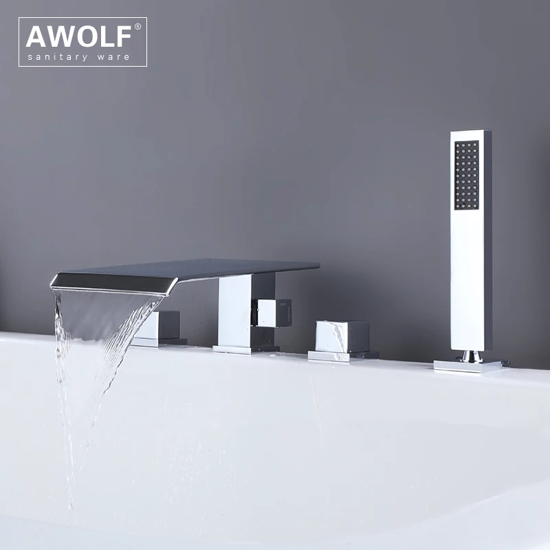 Awolf Deck Mounted Waterfall Bathtub Faucet Chrome Polishing Split Bathroom Shower Set Solid Brass Bathtub Shower System AH3058