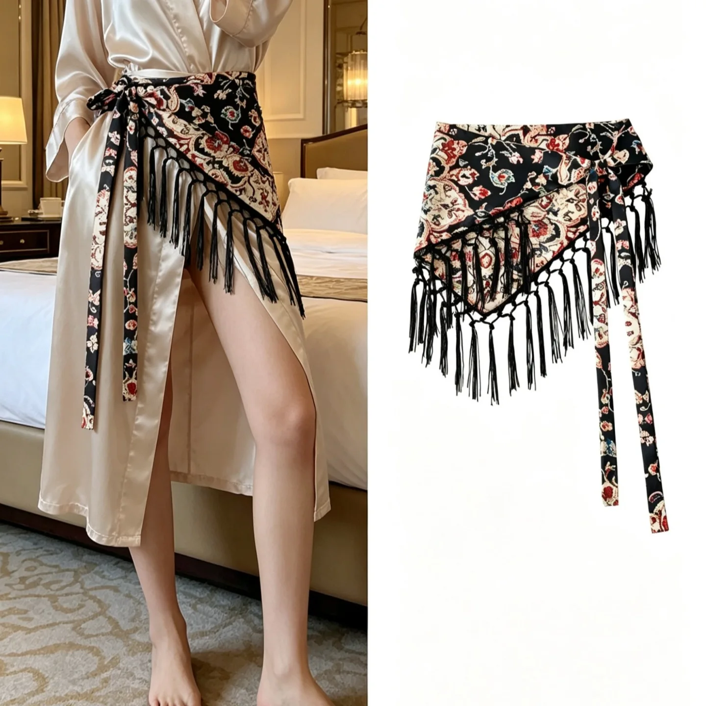 Vintage Paisley Print Tassel Triangle Waist Scarf Faja Boho Style Wrap Belt For Women Summer Beach Dress Layering Fashion Wear