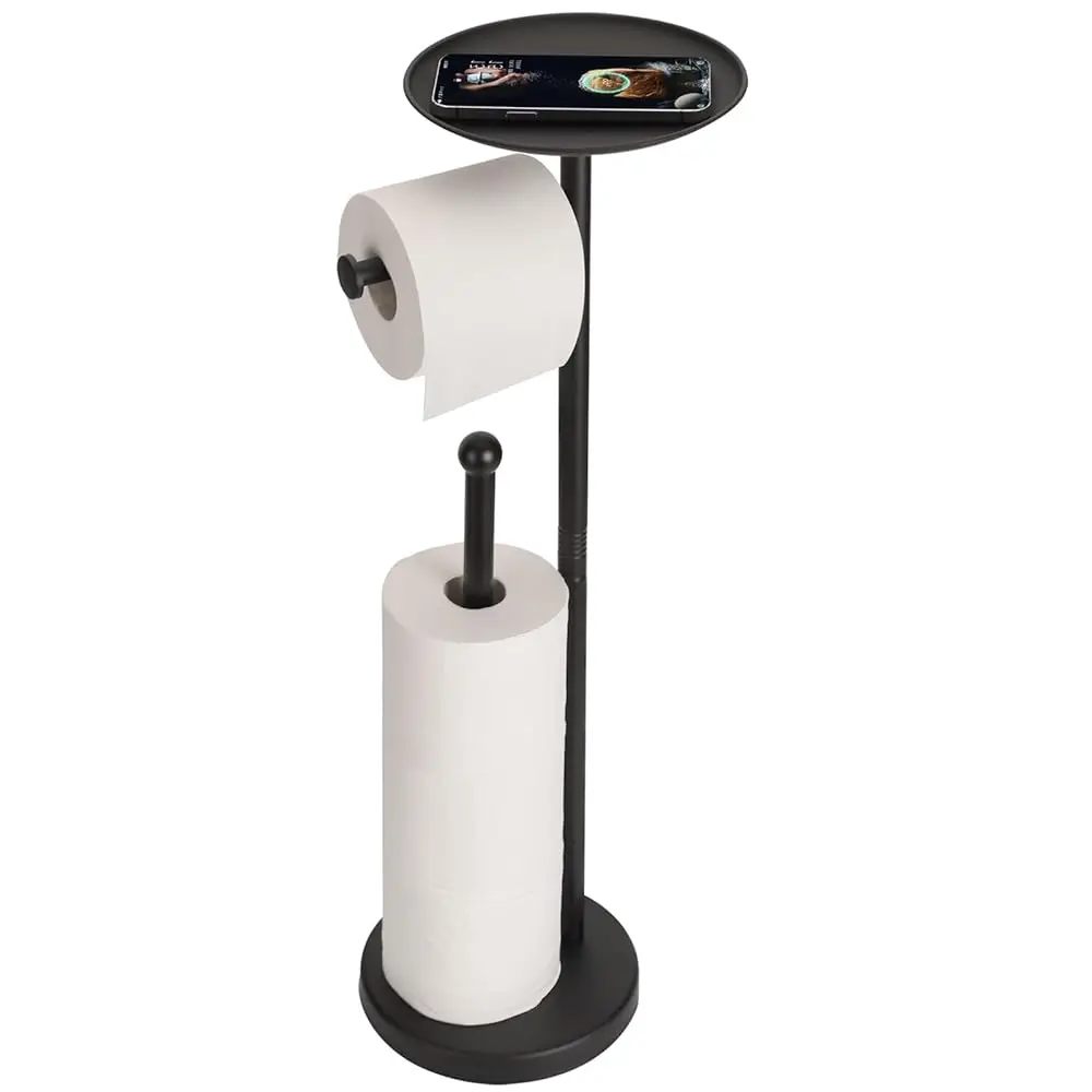 

Black Toilet Paper Holder With Shelf, Freestanding Toilet Paper Holder Stand With Tray At The Top, Heavy Base No Tipping Ove