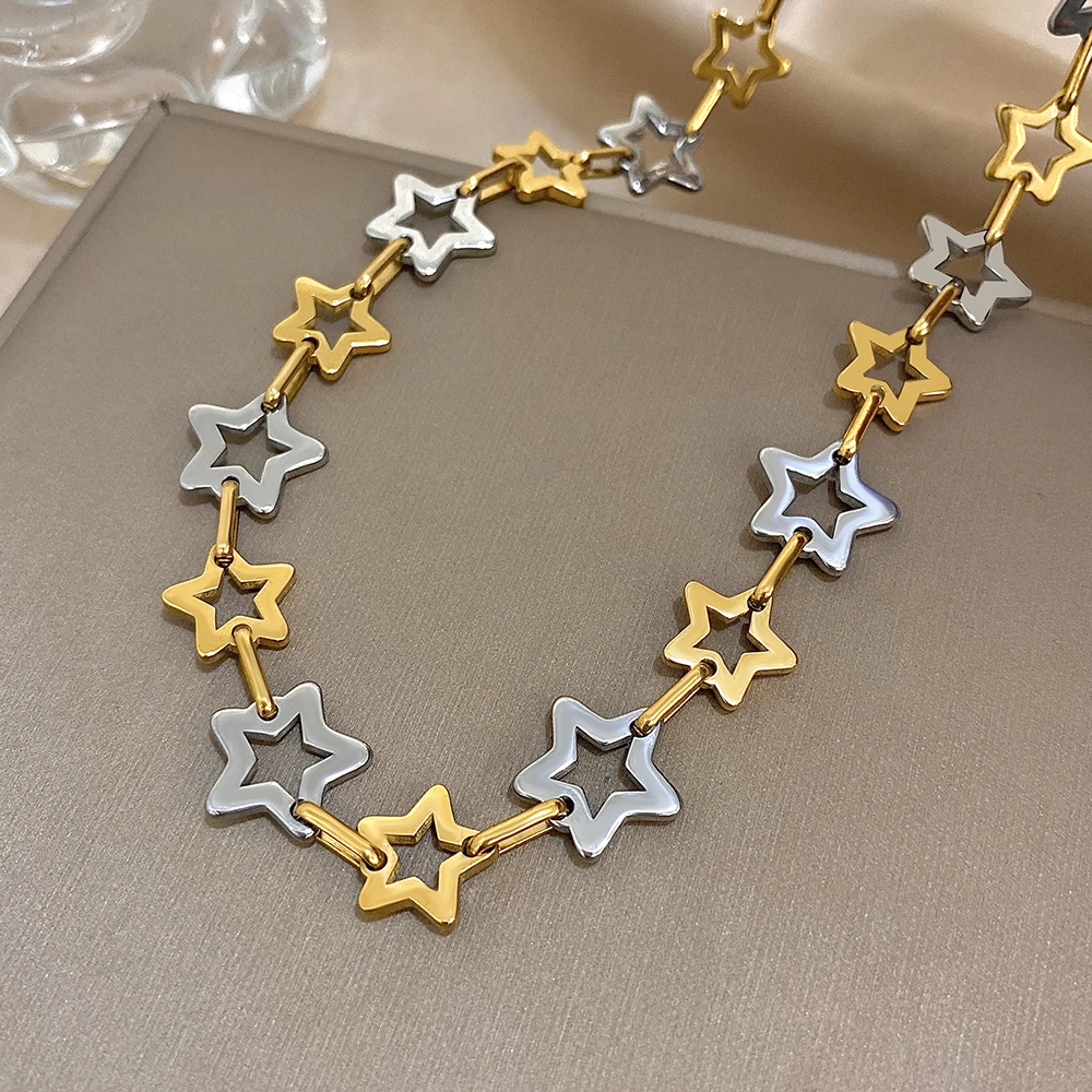 Mode Edelstahl Gold Silber Farbe Halskette für Frauen Nette Hohle Sterne Link Kette Halsketten Wasserdicht Schmuck Geschenke – Detail 8