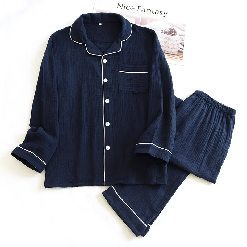 2024 new spring and autumn male pajamas 100%  crepe cotton long-sleeved home wear solid simple pajamas set men plus size
