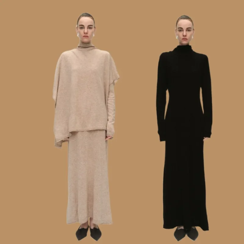 Nordic VKC style~Elegant design with lace up high neck slim knit dress, long skirt+batsleeved cape shirt