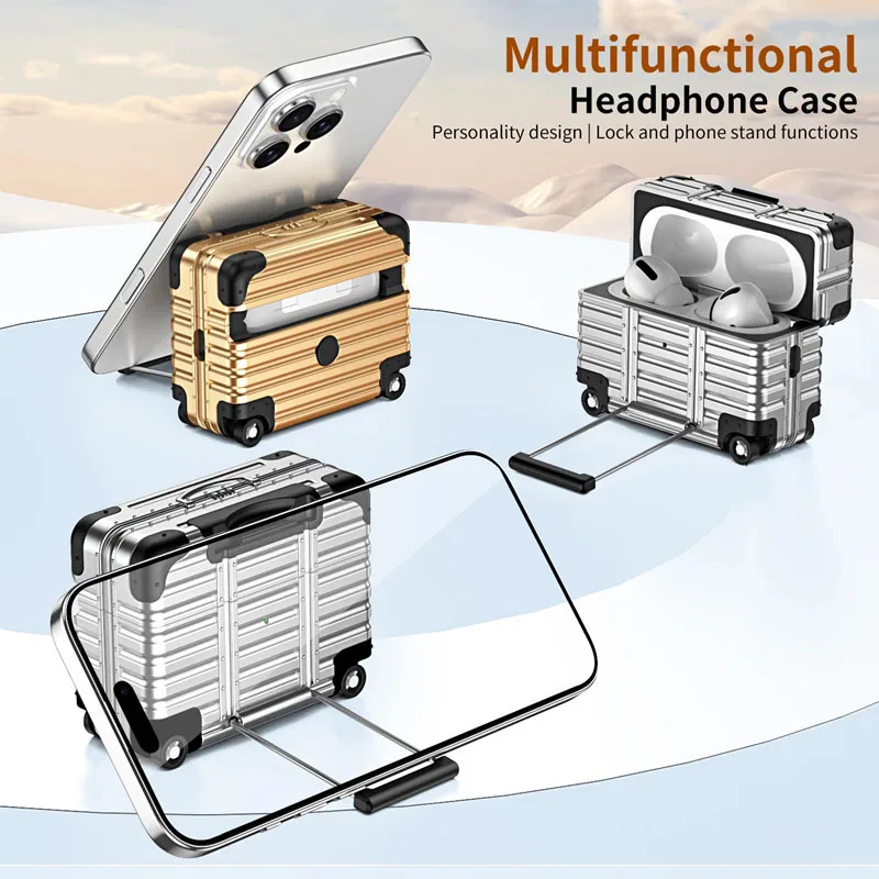 Fashion Luggage Case for Airpods 4/3/2 Pro Protective Cover for Airpods 1/2 Pro 2 Drop Proof Headphone Case with Phone Stand