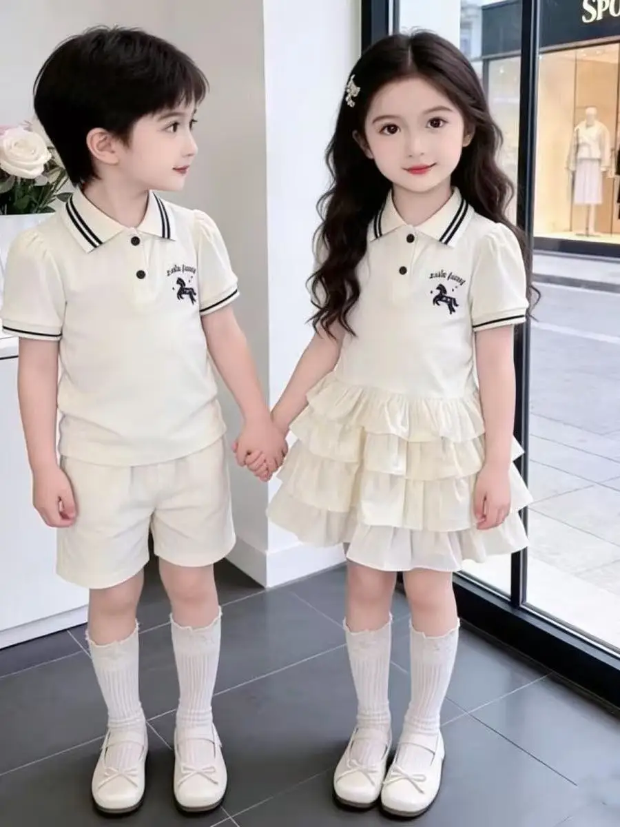 夏ポロネック半袖衣装兄弟姉妹用幼稚園パフォーマンス服スクールスタイル子供服