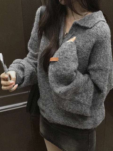 ey Knitted Sweater Women's Outerwear Chic Retro Collar Loose Simple Versatile Winter Faion High-End Feelings Fem Teens