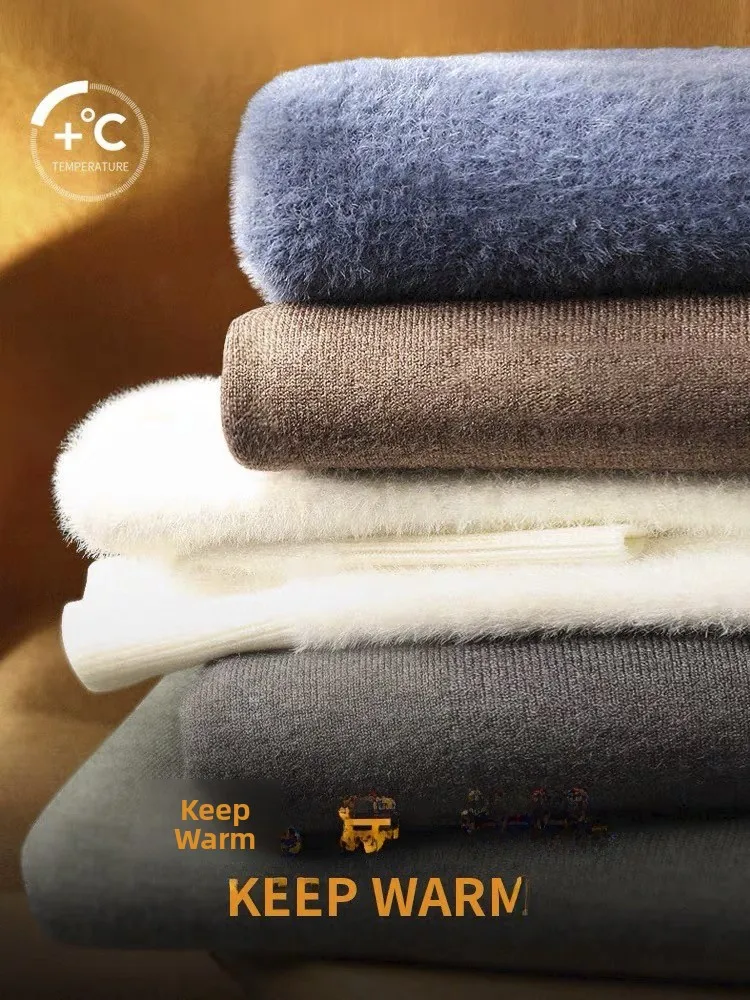 

High-End Thiened Inteated Fce f-High Collar Men's Fce-Lined Winter Knitted Mid-Collar Base irt Trendy Sweater