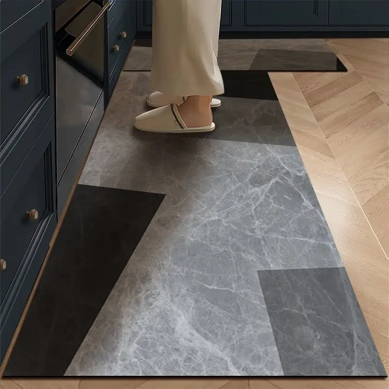 VIKAMA Marble Splicing Floral Kitchen Floor Mat Oil Resistant Non Slip Splash Proof Cushioned Standing Mat for Long Time Use