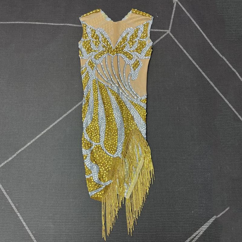 Bar club nocturno DJ traje de baile de Jazz diamantes de imitación dorados celebrar vestido con flecos mujeres vestido de noche de fiesta ropa de escenario XS10473