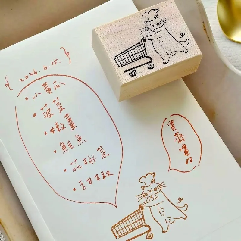 Cute Cooking Shopping Cat Wood Stamp for DIY Craft Supplies Funny Scrapbooking Material Seal for Card Making Diary Decoration
