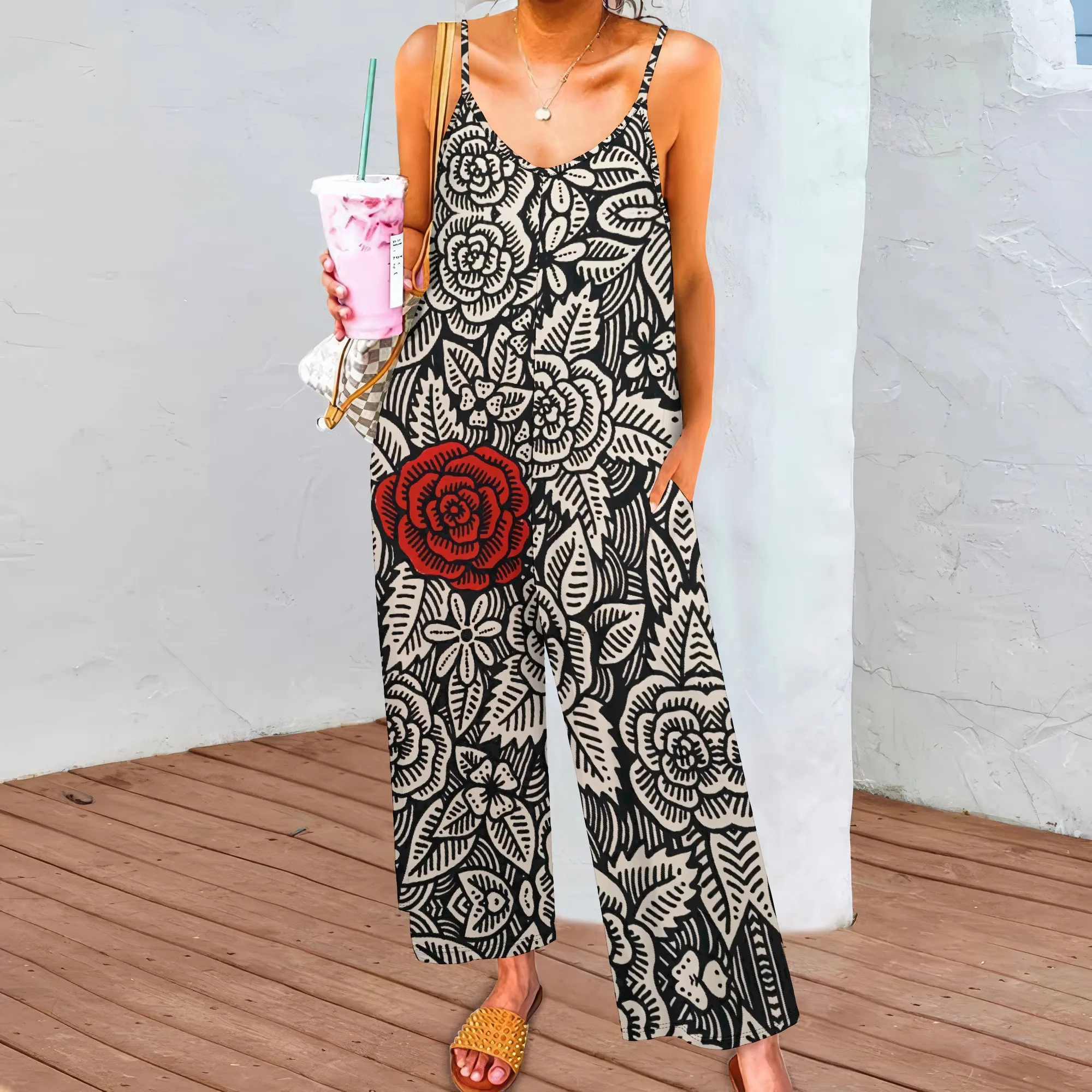 EQQZD Women's Grey Striped Spaghetti Strap Pocket Jumpsuit Polyester Straight-Leg Knee Beach Summer Bold