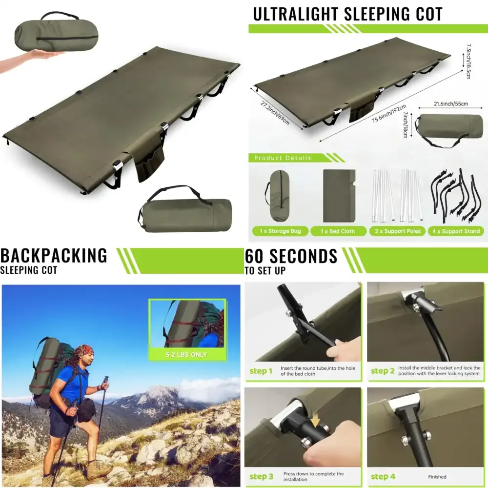 Camping Cot,Backpacking Cot for Sleeping,Folding Camp Cot Bed for Adults,Easy Set-Up,Supports 330Lbs