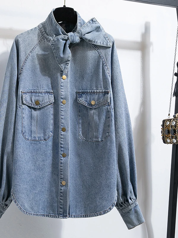 Luźna kurtka jeansowa damska typu lantern, z kołnierzem stójką, dżinsowa odzież wierzchnia, jesienna długa kurtka plus size.