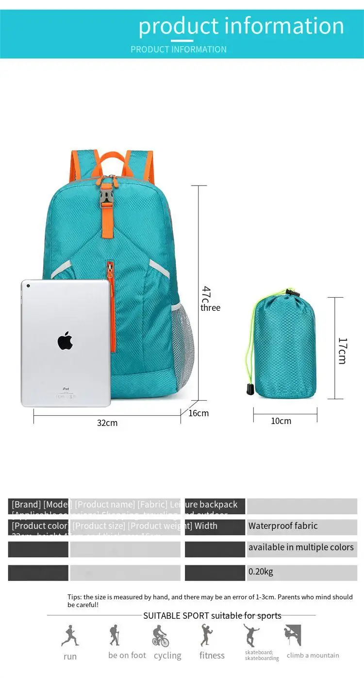Mochila dobrável para esportes ao ar livre, grande capacidade, leve, armazenamento de viagem para itens de cuidados com a pele, bolsa de ombro duplo