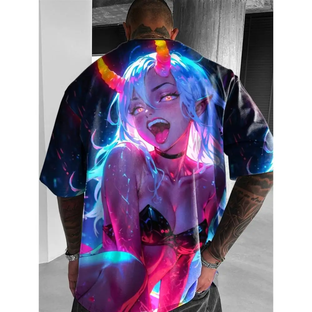 Anime Character Pattern T shirt For Men 3D Sexy Beauty Print Harajuku Style T-shirt Oversized Short sleeve Crew Neck Top Y2k Tee