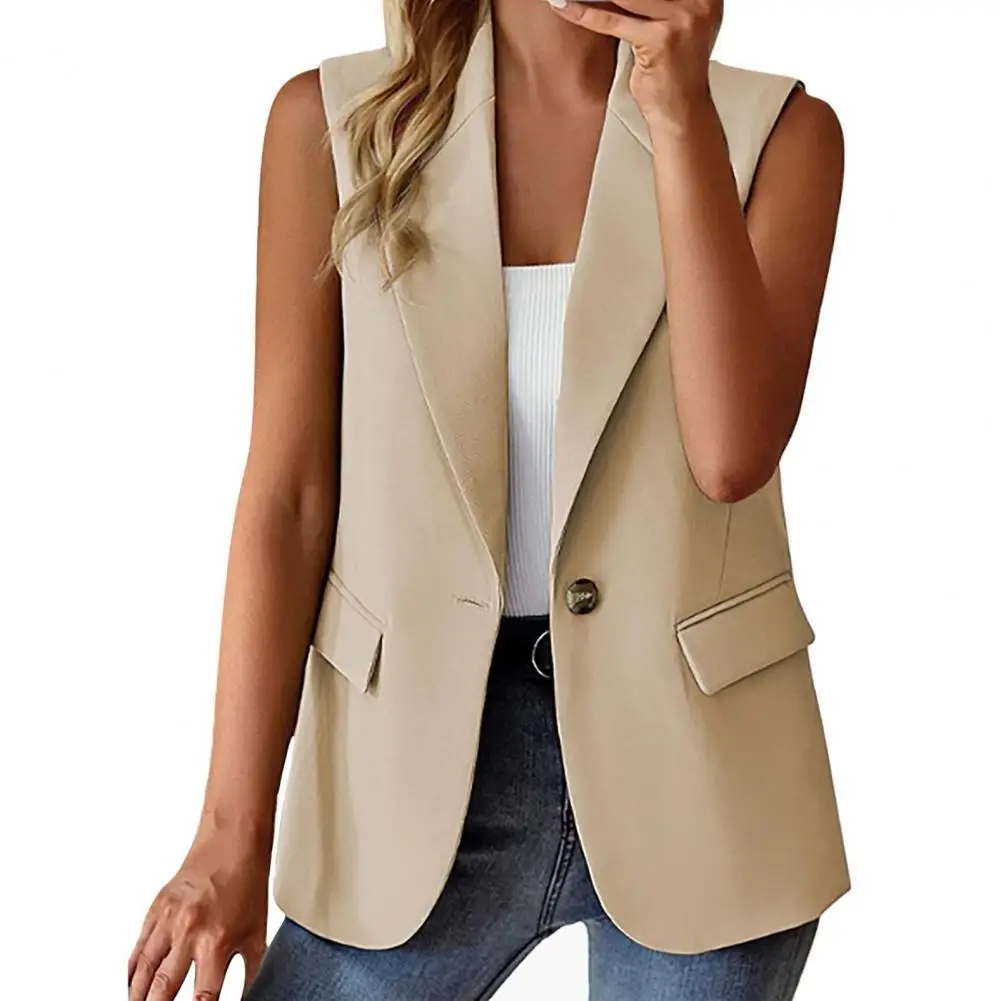 Women Summer Waistcoat Sleeveless Business Vest Coat Lapel Pockets Single Button Straight Formal OL Style Commute Coat Vest