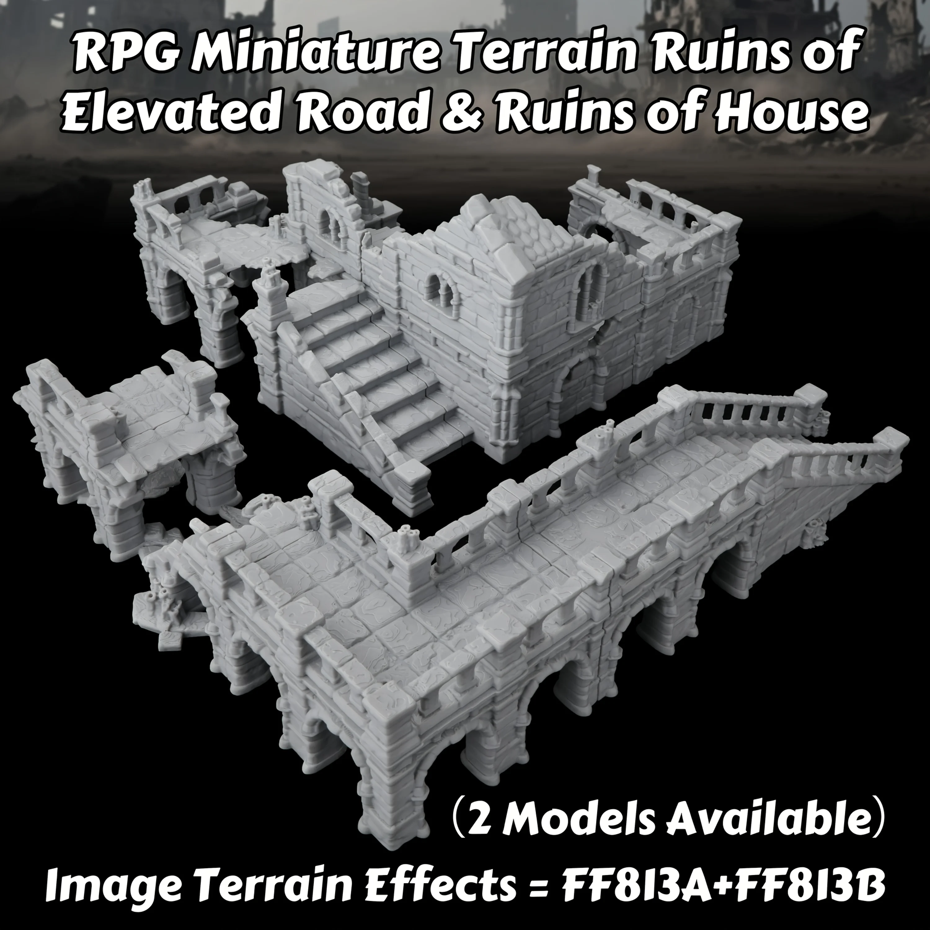 

RPG Ruins Miniature Terrain Set – Ruined Elevated Road & Ruins of House for Tabletop Scenarios, Modular City Ruins for TTRPG