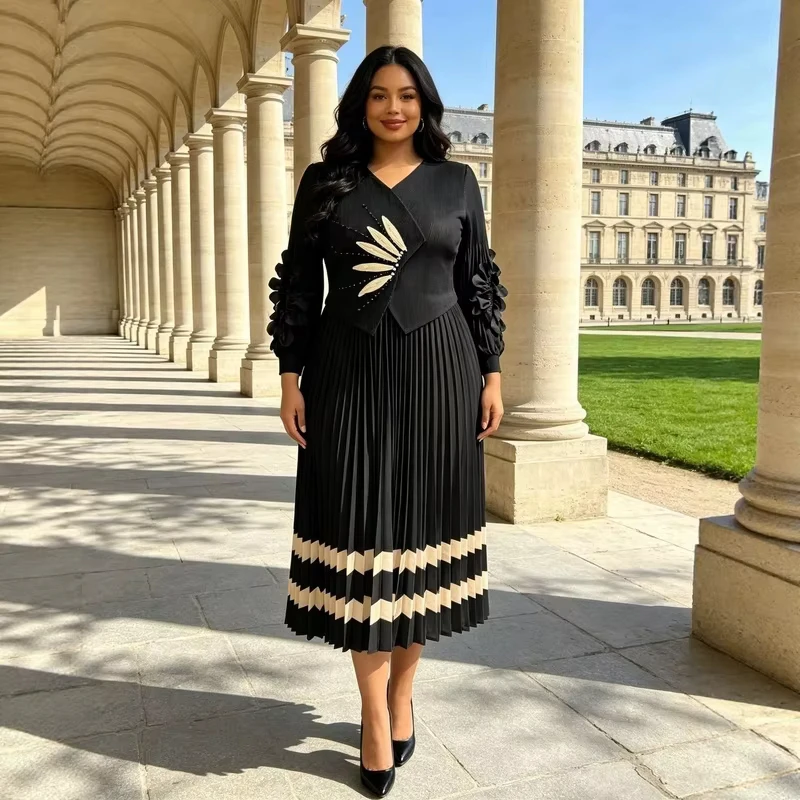 ANLAN Women V‑Neck Faux Two‑Piece Pleated Midi Dress Long Sleeve 3D Flower Applique Rhinestone Embroidery Party Evening Gown