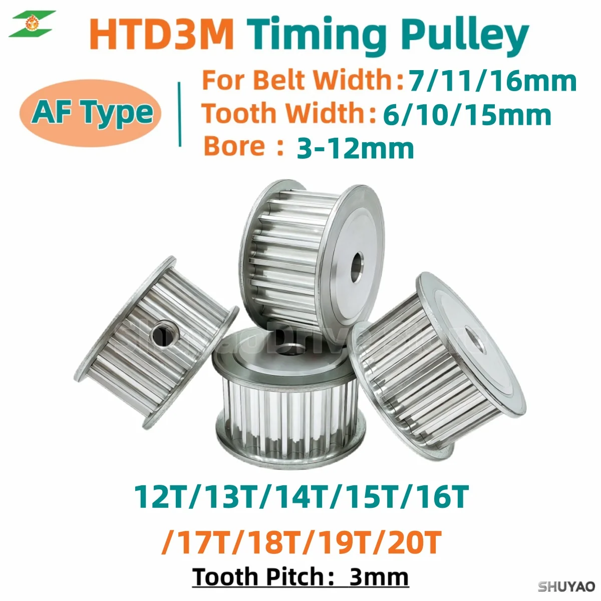 HTD 3M Timing Pulley 12T 13T 14T 15T 16T 17T 18T 19T 20Teeth Bore 3/3.17/4/5/6/6.35mm Fit Belt Width 6/10/15mm Synchronous Wheel