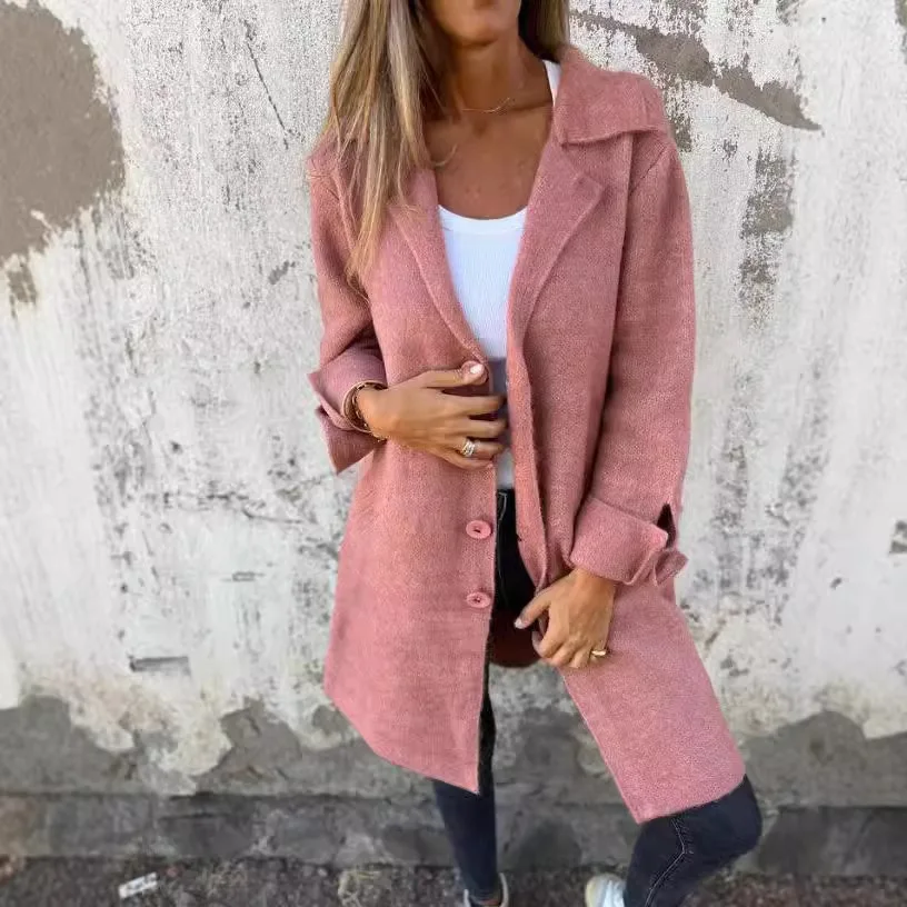 

2025 Autumn and Winter New Women's Clothing Solid Color Lapel with Pocket Cardigan Single-breasted Medium and Long Coat