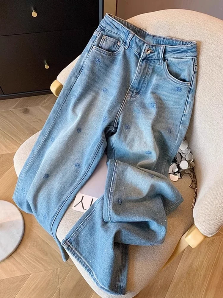 

Джинсы с высокой талией и прямыми штанинами, женские, с вышивкой, широкие брюки в пол, с эффектом похудения, весна-лето, цвет розовый