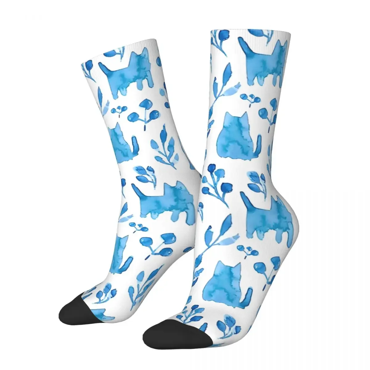 

Retro Blue Watercolor Cats Flowers And Berries Summer Men's compression Socks Unisex Harajuku Seamless Printed Novelty Crew Sock