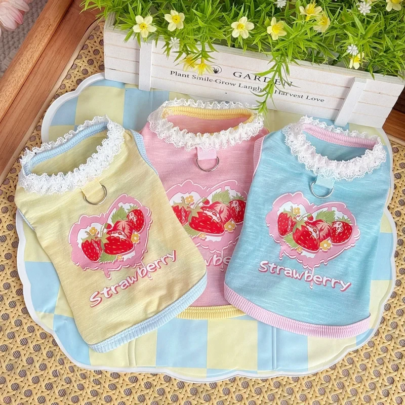 Cute Strawberry Pet Vest with Lace Collar Soft Cotton Dog Clothes for Small Medium Dogs Cats Puppy