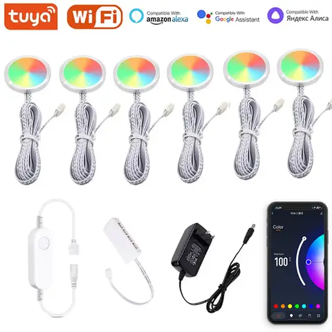 DC12V Tuya WIFI RGB LED Under Cabinet Light Dimmable Puck Light Festival Kitchen Counter Furniture Decor Alice Alexa Google Home