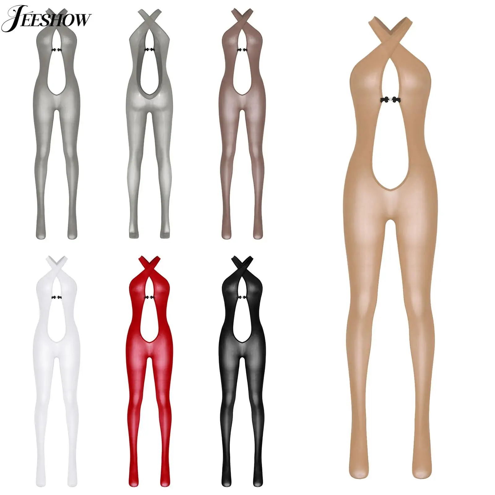 

Womens Glossy See Through Hollow Out Bodystockings Plunging V Neck Cross Shoulder Straps Full Body Bodysuit Zentai Costume