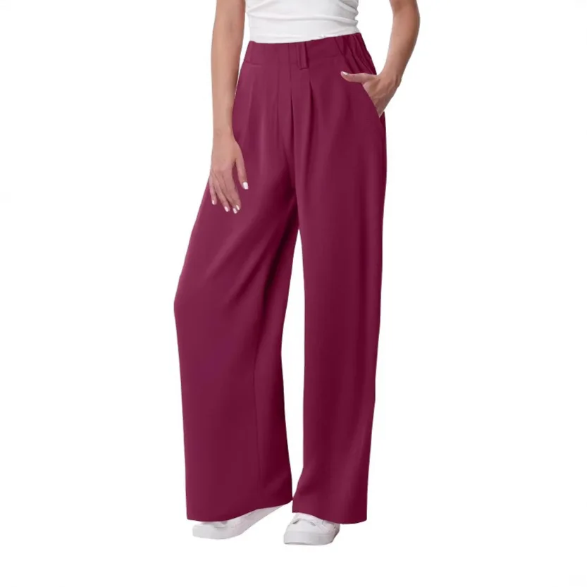 Women's Solid Color Pants with Pocket Elastic Waist Straight Tube Loose Stretch Pants Wide Streetwear Joggers Baggy Long Pants