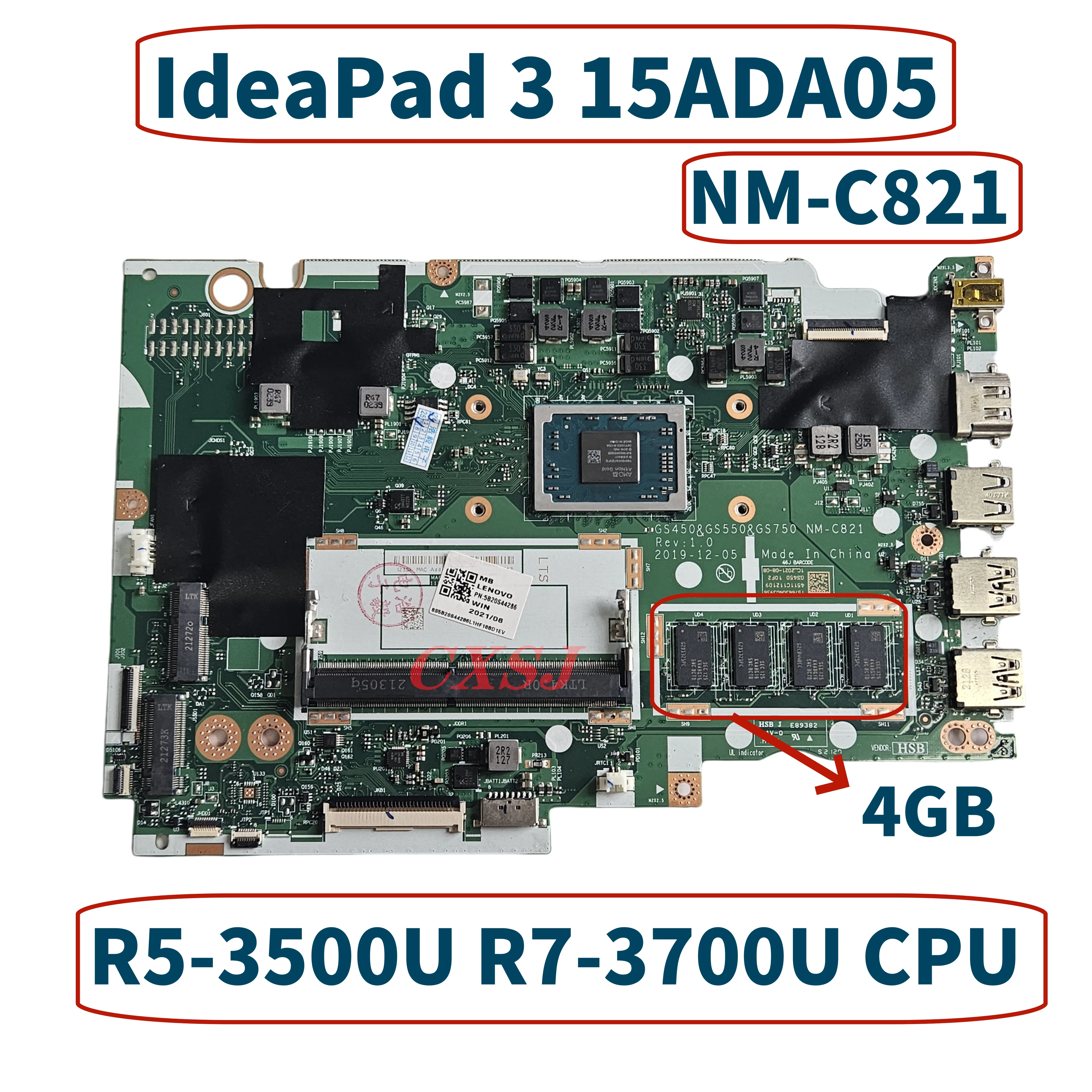 

NMC821 NM-C821 For Lenovo IdeaPad 3 15ADA05 Laptop Motherboard With AMD 3020U R3-3250U R5-3500U R7-3700U 0GB/4GB-RAM