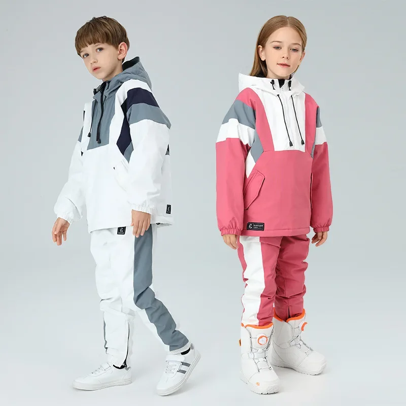 2024 Winter Boys Girls Skiing Set Outdoor Warm Windproof Waterproof Children Hoodie Jacket Pants Ski Suit Kids Snowboarding