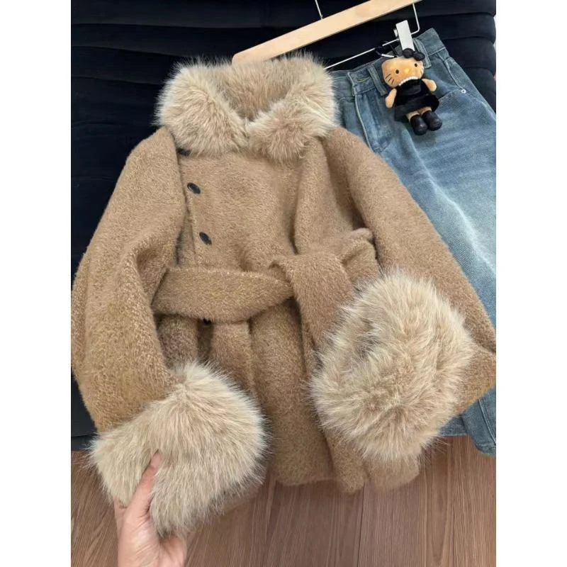 Elegant Coat Women Fashion Faux Fur Patchwork Jackets Winter Korean Bandage Long Sleeve Fluffy Outerwears Ladies Warm Coats New