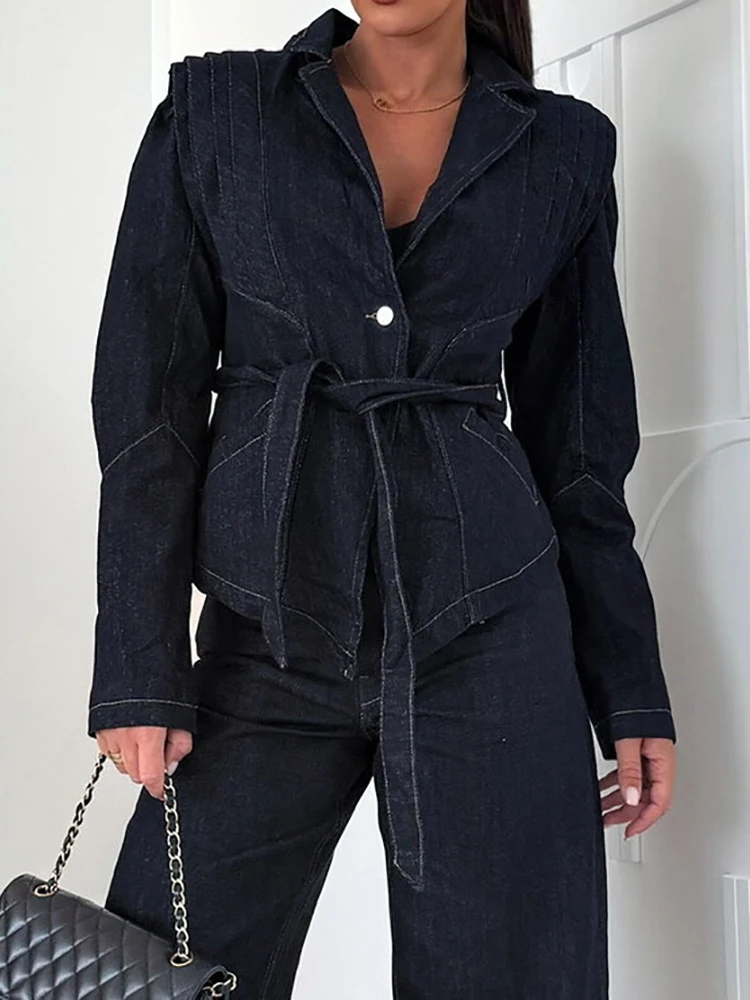 

Spring Autumn Holiday Denim Style Jackets, Women Long Sleeve Lace-Up Chic Coats, Turn-Down Collar Simple Ladies Solid Outerwear