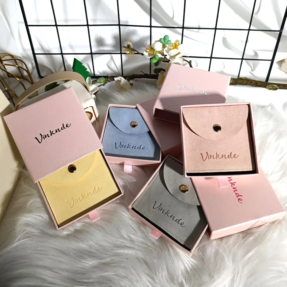 

Cardboard Paper Jewelry Box Drawer Packaging Gift Boxes With Sponge Microfiber Snap Bag Pouches Wedding Earrings Rings Storage