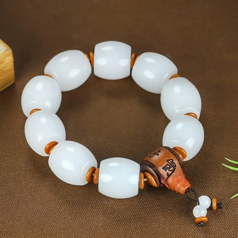 

New Natural White Jade Bucket Bead Bracelet, Fashionable and Versatile Bracelet for Both Men and Women